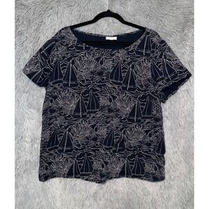 J Jill Navy Blue White Sailboat Coral Print Short Sleeve 100% Cotton Top